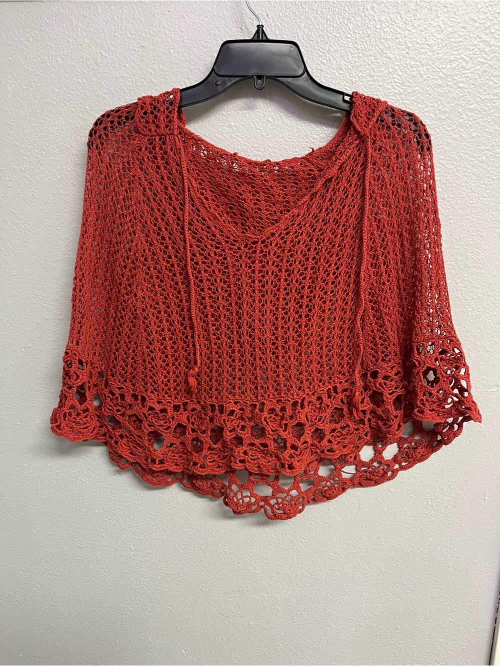 Women's Crochet Poncho Sweater - Red